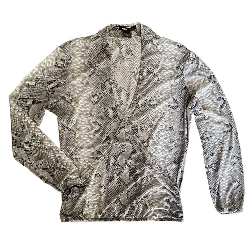 Womens sz Medium Robert Louis Mesh Long Sleeve V-Neck Suplice Blouse Top - Gray